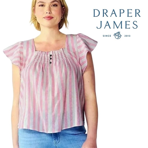 Draper James RSVP Blouse Linen Cotton Top Shirt Flutter Sleeve Shirred Smocked - Picture 1 of 16